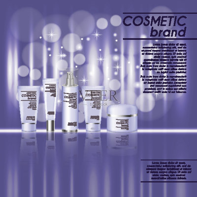 3D逼真的化妆品瓶广告模板。化妆品牌广告概念设计,以亮片和散景为背景